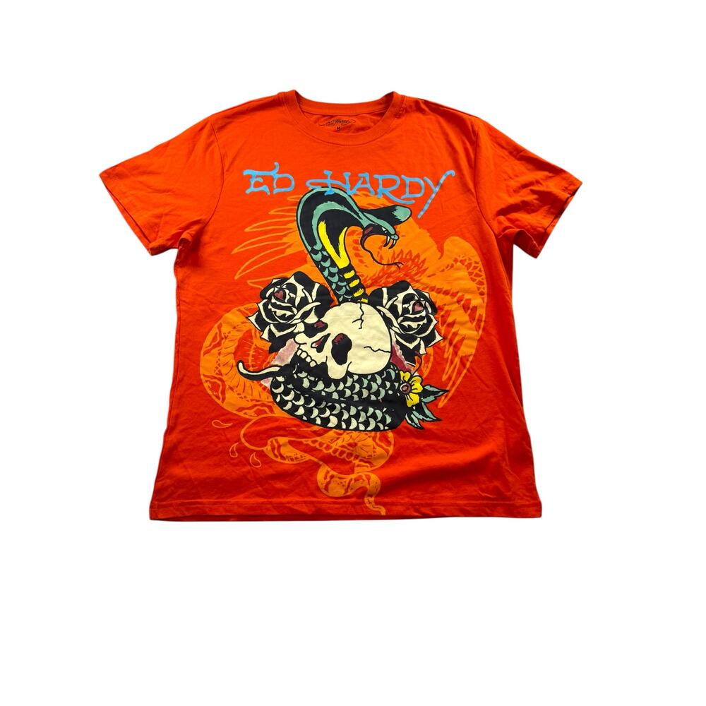 Ed Hardy Rose Cobra T Shirt Mens M Orange Short Sleeve Grunge Y2K Edgy Tattoo